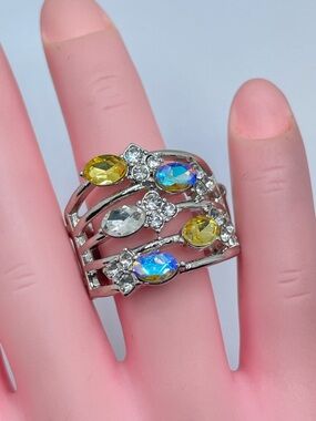 Silver Tone Multicolor Crystal Stretch Ring AB Yellow White Statement